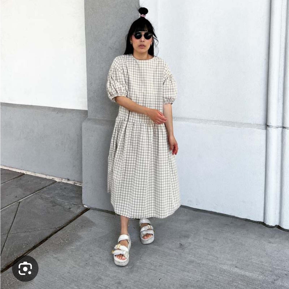 April meets October summer may dress beige gingham one size
